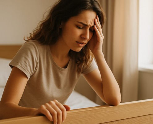 Junge Frau im Bett die aufsteht und sich festhält weil ihr schwindelig wird - Sinnbild für POTS Symptomatik