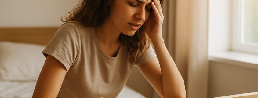 Junge Frau im Bett die aufsteht und sich festhält weil ihr schwindelig wird - Sinnbild für POTS Symptomatik