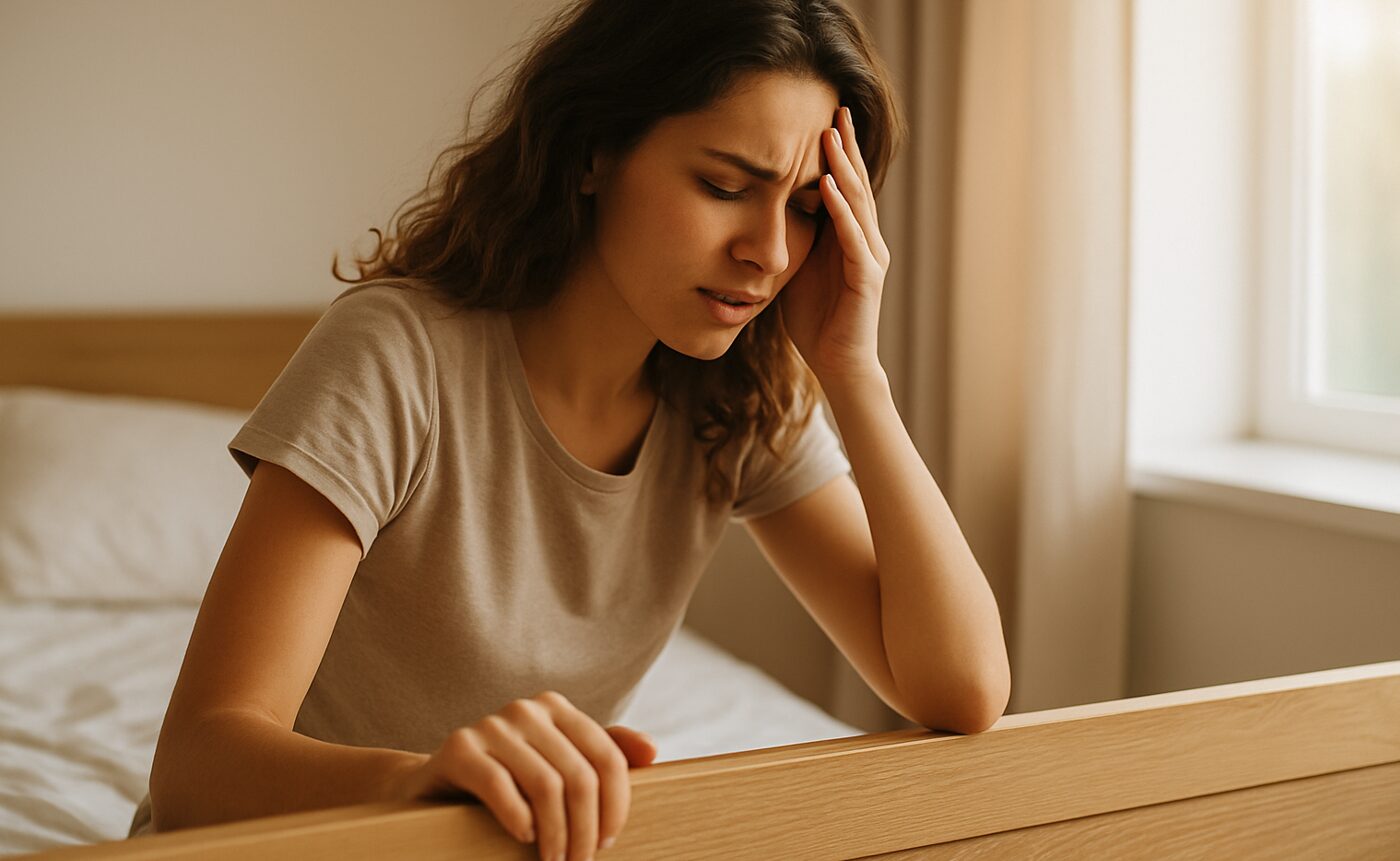 Junge Frau im Bett die aufsteht und sich festhält weil ihr schwindelig wird - Sinnbild für POTS Symptomatik