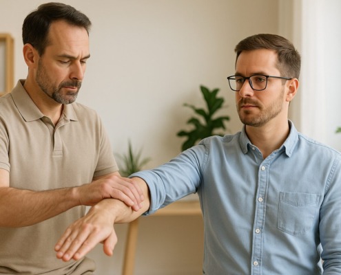 Kinesiologie Muskeltest in heller Praxis – Therapeut prüft den ausgestreckten Arm eines Patienten auf Blockaden.