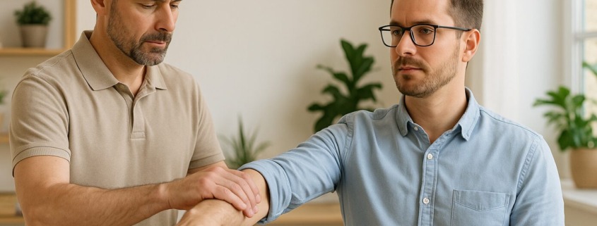 Kinesiologie Muskeltest in heller Praxis – Therapeut prüft den ausgestreckten Arm eines Patienten auf Blockaden.