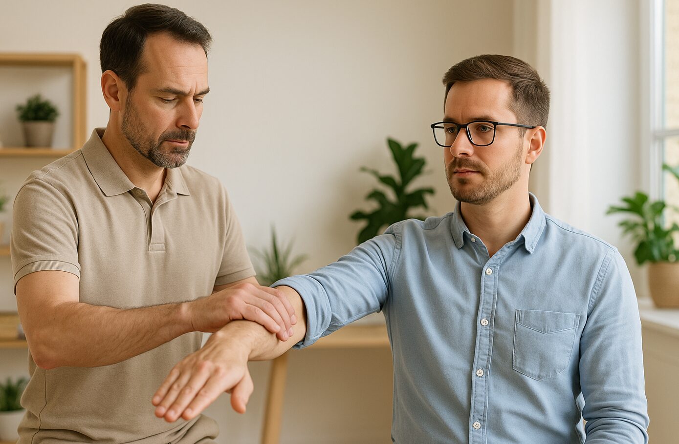 Kinesiologie Muskeltest in heller Praxis – Therapeut prüft den ausgestreckten Arm eines Patienten auf Blockaden.
