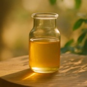 Glasfläschchen mit goldener Colostrum-Flüssigkeit auf einem Holztisch im warmen Sonnenlicht, mit sanft unscharfem, natürlichen Hintergrund.