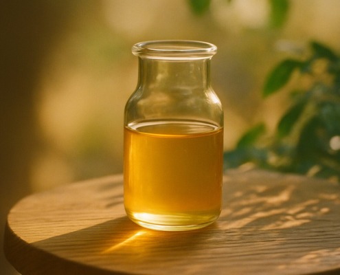 Glasfläschchen mit goldener Colostrum-Flüssigkeit auf einem Holztisch im warmen Sonnenlicht, mit sanft unscharfem, natürlichen Hintergrund.