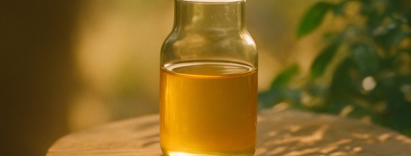 Glasfläschchen mit goldener Colostrum-Flüssigkeit auf einem Holztisch im warmen Sonnenlicht, mit sanft unscharfem, natürlichen Hintergrund.