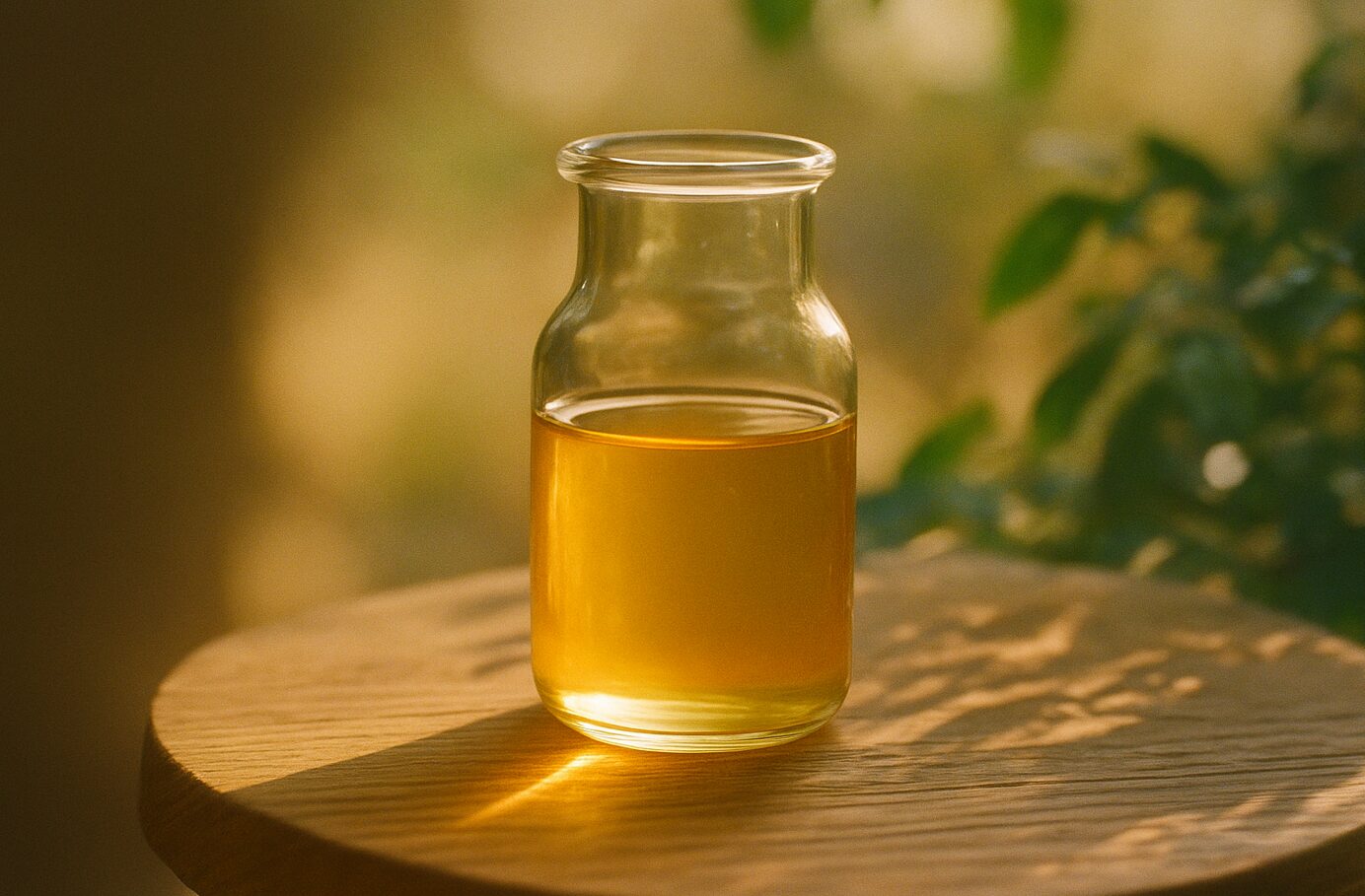 Glasfläschchen mit goldener Colostrum-Flüssigkeit auf einem Holztisch im warmen Sonnenlicht, mit sanft unscharfem, natürlichen Hintergrund.
