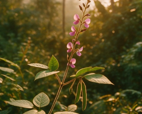 Desmodium adscendens (Manayupa) mit purpurfarbenen Blüten im warmen Abendlicht, in tropischer Umgebung aufgenommen – symbolisch für natürliche Leberregeneration und Pflanzenkraft.