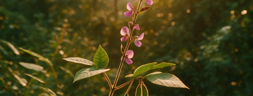 Desmodium adscendens (Manayupa) mit purpurfarbenen Blüten im warmen Abendlicht, in tropischer Umgebung aufgenommen – symbolisch für natürliche Leberregeneration und Pflanzenkraft.