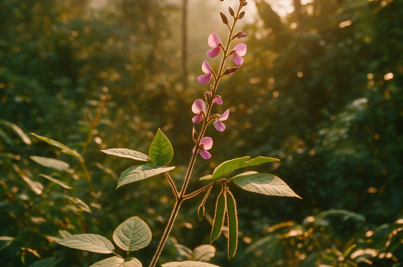 Desmodium adscendens (Manayupa) mit purpurfarbenen Blüten im warmen Abendlicht, in tropischer Umgebung aufgenommen – symbolisch für natürliche Leberregeneration und Pflanzenkraft.