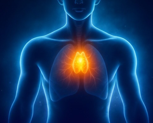 Leuchtende Thymusdrüse im menschlichen Brustkorb – medizinische Illustration mit vitaler Immunaktivierung