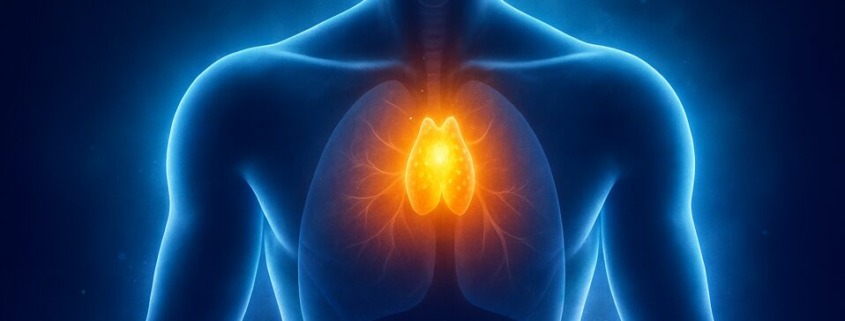 Leuchtende Thymusdrüse im menschlichen Brustkorb – medizinische Illustration mit vitaler Immunaktivierung