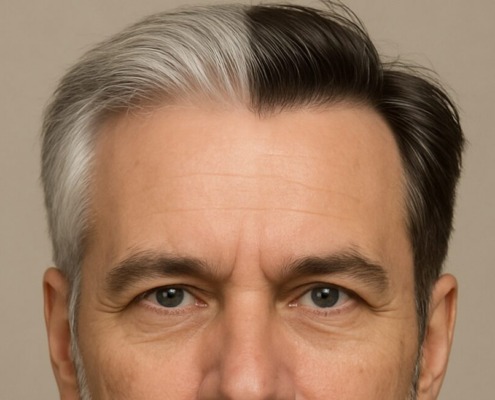 Mann mit einer hälfte graue Haare - andere Hälfte normal pigmentiert