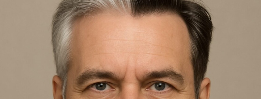 Mann mit einer hälfte graue Haare - andere Hälfte normal pigmentiert