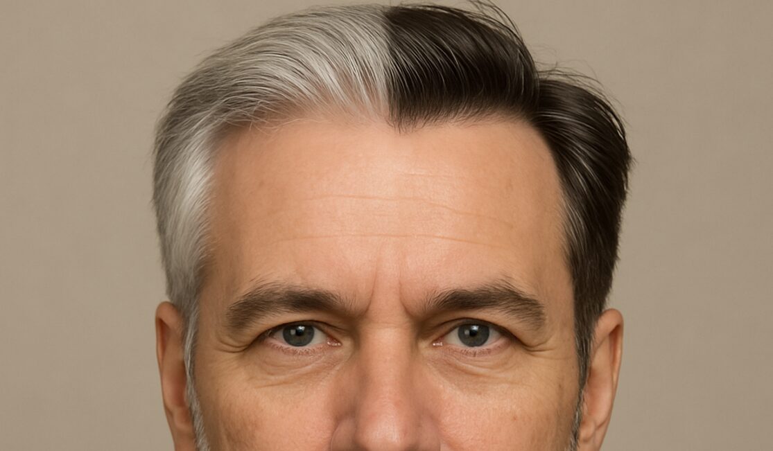 Mann mit einer hälfte graue Haare - andere Hälfte normal pigmentiert