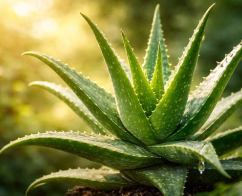 Aloe-vera-Pflanze in natürlicher Umgebung, grüne fleischige Blätter mit Gel, Symbol für Heilpflanze und äußerliche Anwendung.
