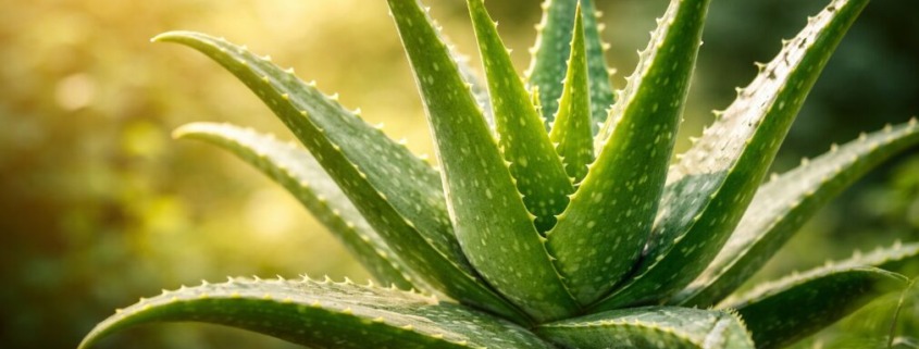 Aloe-vera-Pflanze in natürlicher Umgebung, grüne fleischige Blätter mit Gel, Symbol für Heilpflanze und äußerliche Anwendung.