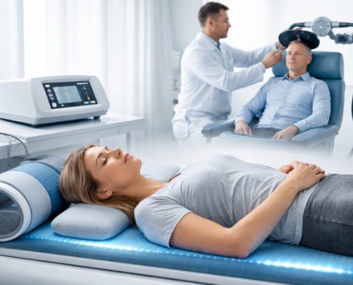 Patientin liegt entspannt auf einer Magnetfeldtherapie-Matte in moderner Praxis, im Hintergrund transkranielle Magnetstimulation.