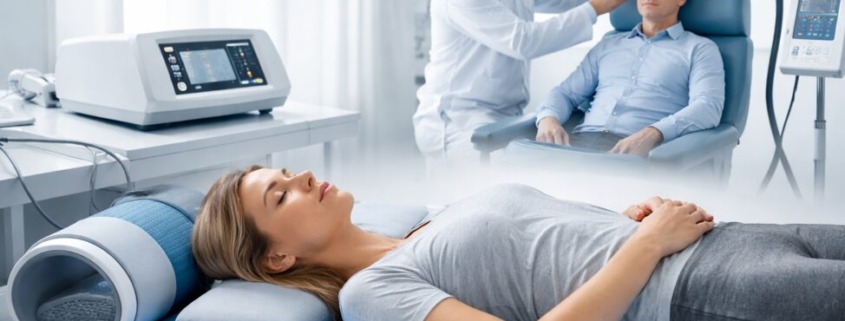 Patientin liegt entspannt auf einer Magnetfeldtherapie-Matte in moderner Praxis, im Hintergrund transkranielle Magnetstimulation.