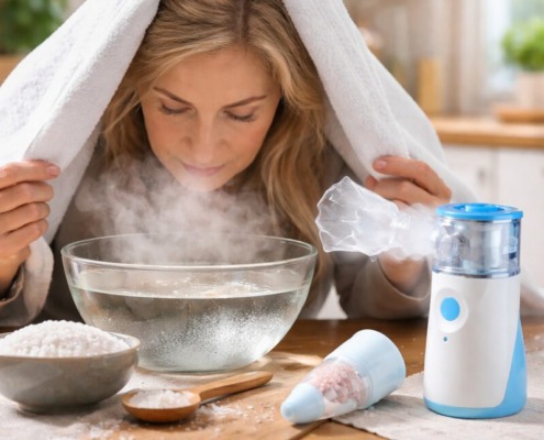 Frau inhaliert Salzlösung über Schüssel mit Handtuch, daneben Salzinhalator und Vernebler zur Salzinhalation zuhause