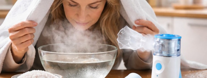Frau inhaliert Salzlösung über Schüssel mit Handtuch, daneben Salzinhalator und Vernebler zur Salzinhalation zuhause