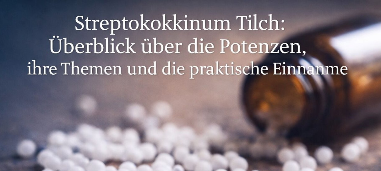 Streptokokkinum Tilch Globuli neben brauner Arzneiflasche als Beitragsbild zur Übersicht über Potenzen und Einnahme
