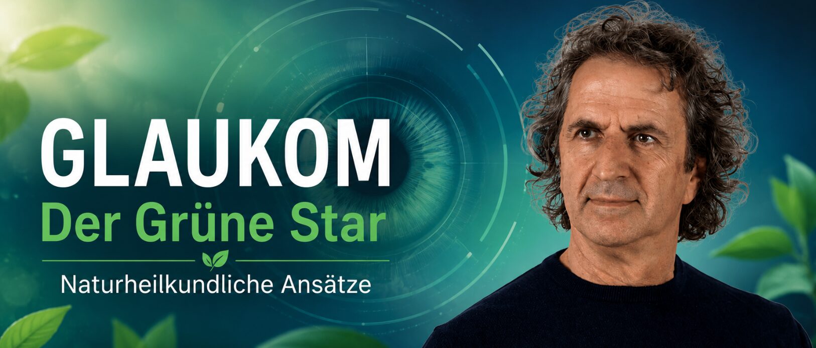 René Gräber vor einer stilisierten Augeniris zum Thema Glaukom, Grüner Star und naturheilkundliche Behandlungsansätze.